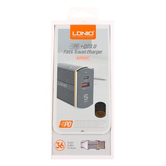  СЗУ LDNIO A2502C + Кабель PD PD + QC 3.0 2 USB Auto-ID Выход: 5V-9V-12V, 36W Black 