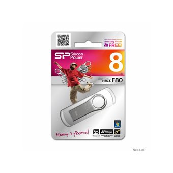  USB-флешка Silicon Power 8Gb Firma F80, USB 2.0, Серебро, металл (SP008GBUF2F80V1S) 