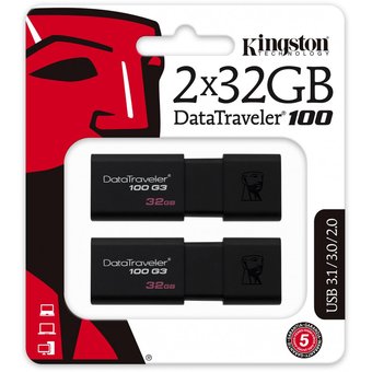  USB-флешка Kingston DT100G3/32GB-2P DataTraveler 100 G3, 32 Гб, USB 3.1 gen.1, 2 штуки в упаковке 