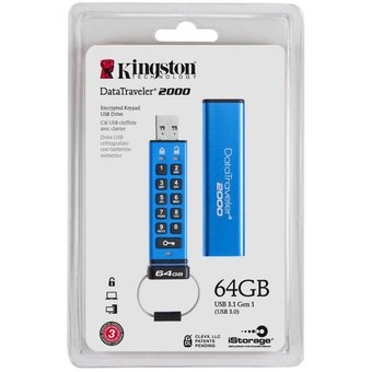  USB-флешка Kingston DataTraveler 2000, 64 Гб, USB 3.1 с алфавитно-цифровой клавиатурой (DT2000/64GB) 