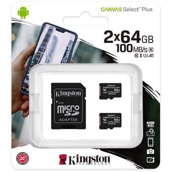  Комплект карт памяти Kingston SDCS2/64GB-2P1A microSDHC Canvas Select Plus, 2x64GB, UHS-I Class 10 U1 A1 с адаптером 