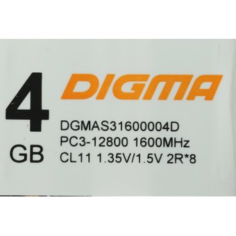  ОЗУ Digma (DGMAS31600004S) DDR3L 4Gb 1600MHz RTL PC3-12800 CL11 SO-DIMM 204-pin 1.35В single rank 