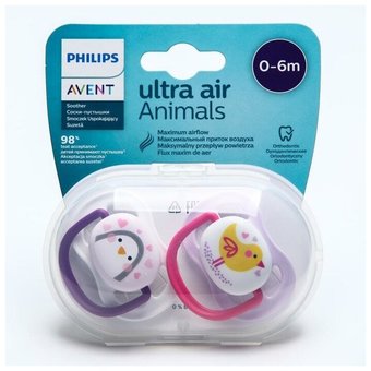  Пустышка PHILIPS SCF080/06 ultra air Lime, Пингвин/Птичка, 0-6мес, 2шт, для девочек 