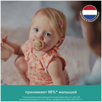  Пустышка PHILIPS SCF085/15 ultra air, Серая/Персиковая без рисунков, 0-6мес, 2шт, для мальчиков и девочек 