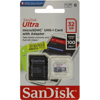  Карта памяти microSDHC SanDisk Class 10 Ultra UHS-I (SDSQUNR-032G-GN3MA) 32Gb 100MB/s +SD адаптер 