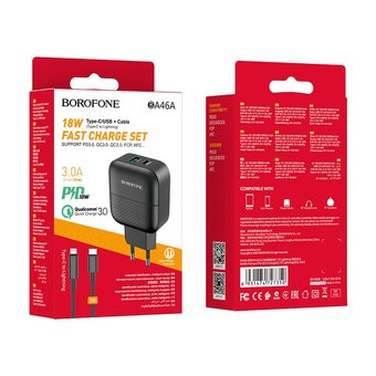  СЗУ Borofone BA46A Premium PD+QC3.0 charger Type-C TO Lightning (EU), black 