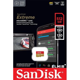  Карта памяти SanDisk (SDSQXAV-512G-GN6MN) 512GB microSDXC Class 10 UHS-I A2 C10 V30 U3 Extreme 190MB/s 