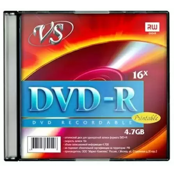  Диск DVD-R VS (VSDVDRIPSL501) 4.7 Gb, 16x, Slim Case (5), Ink Printable (5/200) 