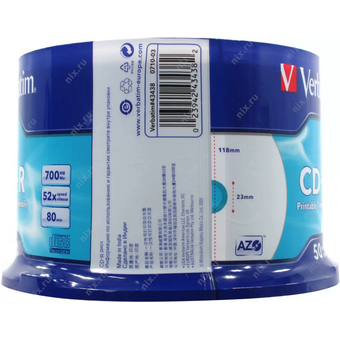  Диск CD-R Verbatim (43438) 700 Mb, 52x, Cake Box (50), DL+, Full Ink Printable (50/200) 