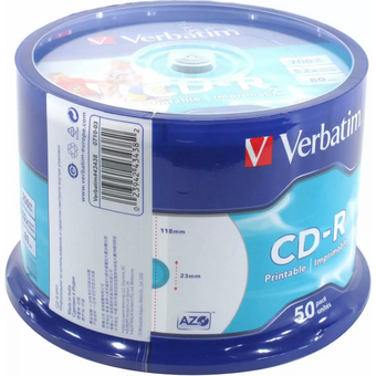  Диск CD-R Verbatim (43438) 700 Mb, 52x, Cake Box (50), DL+, Full Ink Printable (50/200) 