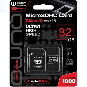  Карта памяти QUMO (QM32GMICSDHC10U3) MicroSDHC 32GB Сlass 10 UHS-I U3 ,3.0 с адаптером SD, черно-красная 