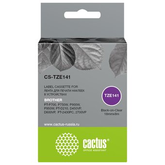  Картридж Cactus TZe-141 (CS-TZE141) черный ленточный для Brother PT-P700, P750W, P900W, P950W, PT-D210, D450VP, D600VP, PT-2430PC, 2700VP 