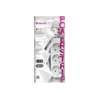  Удлинитель Defender E318 (99221) 1.8 м, 3 розетки, белый 