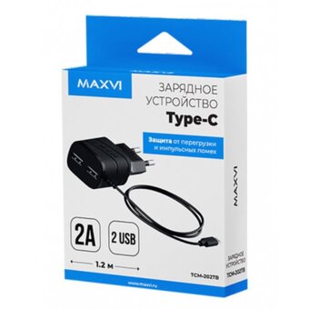  СЗУ Maxvi TCM-202TB 2A, Type-C, 2xUSB-A, black 