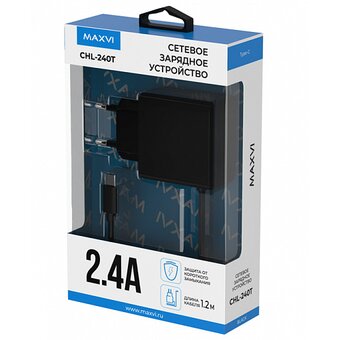  СЗУ Maxvi CHL-240T 2.4A, with Type-C cable, black 