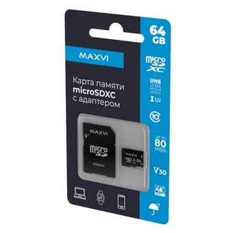  Карта памяти Maxvi (MSD64GBC10V30) microSDXC 64GB, class 10, UHS-I (3), V30 