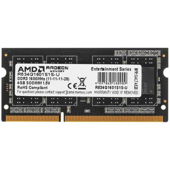  ОЗУ AMD Radeon R5 Entertainment Series Black R534G1601S1S-U 4GB DDR3 1600 SO DIMM Non-ECC, CL11, 1.5V, Retail 