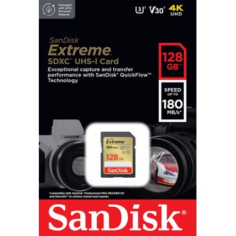  Карта памяти SanDisk (SDSDXVA-128G-GNCIN) 128GB SDXC Class 10 V30 UHS-I U3 Extreme 180MB/s 