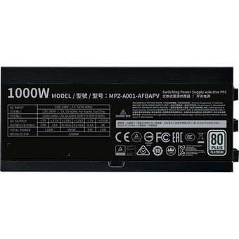  Блок питания Cooler Master V1000 Power Supply, MPZ-A001-AFBAPV-EU 1000W, ATX, 135mm, 12xSATA, 8xPCI-E(6+2), APFC, 80+ Platinum 