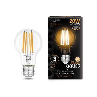  Лампа Gauss Filament (102902120) светодиодная 20Вт цок. E27 груша 220B 2700K св.свеч.бел.теп. (упак. 1шт) 