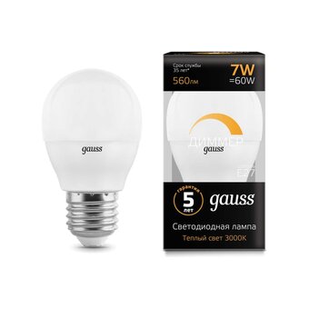  Лампа Gauss (105102107-D) светодиодная 7Вт цок. E27 шар 220B 3000K св.свеч.бел.теп. (упак. 10шт) 