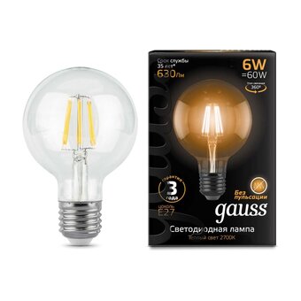  Лампа Gauss Filament G95 (105802106) светодиодная 6Вт цок. E27 шар 220B 2700K св.свеч.бел.теп. (упак. 1шт) 