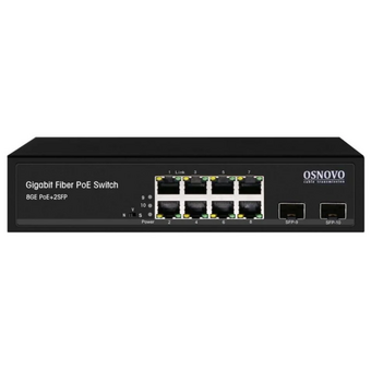  Коммутатор OSNOVO (SW-80802(150W)) Гигабитный PoE на 10 портов, 8 *10/100/1000 Base-T PoE, 2*SFP 1000 Base-T, PoE на порт до 30W, суммарно до 150W 