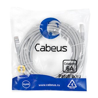  Патч-корд Cabeus (PC-SSTP-RJ45-Cat.6a-10m-LSZH) S/FTP, категория 6а (10G), 2xRJ45/8p8c, экранированный, серый, LSZH, 10м 