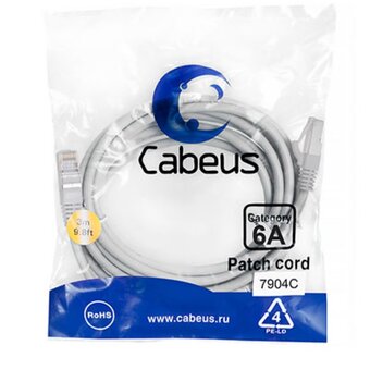  Патч-корд Cabeus (PC-SSTP-RJ45-Cat.6a-3m-LSZH) S/FTP, категория 6а (10G), 2xRJ45/8p8c, экранированный, серый, LSZH, 3м 