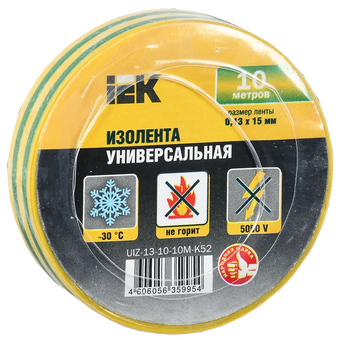  Изолента IEK (UIZ-13-10-K52) ш.15мм 20м желтый/зеленый (упак. 1шт) 