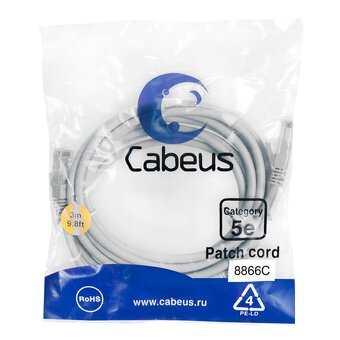  Патч-корд Cabeus (PC-UTP-RJ45-Cat.5e-3m-LSZH) U/UTP, категория 5е, 2xRJ45/8p8c, неэкранированный, серый, LSZH, 3м 