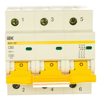  Выключатель IEK ВА47-100 (MVA40-3-080-C) автоматический 80A тип C 10kA 3П 400В 4.5 мод белый (упак. 1шт) 