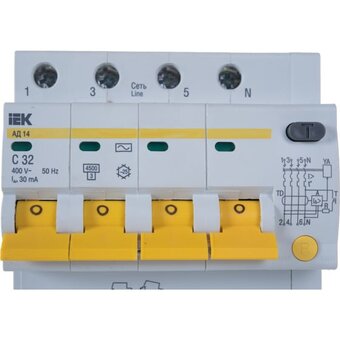  Выключатель IEK MAD10-4-032-C-030 автом. дифф. тока АД14 32A тип C 4.5kA 30мА AC 4П 400В 5мод белый (упак. 1шт) 