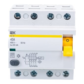  Выключатель IEK ВД1-63 (MDV10-4-040-030) дифф.тока УЗО 40A 30мА AC 4П 400В 4мод белый (упак. 1шт) 