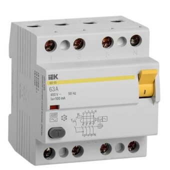  Выключатель IEK ВД1-63 (MDV10-4-063-100) дифф.тока УЗО 63A 100мА AC 4 400В 4мод белый (упак. 1шт) 