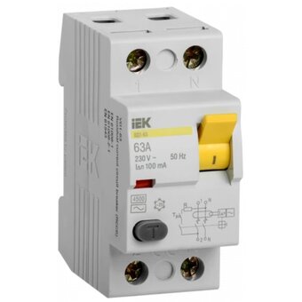  Выключатель IEK ВД1-63 (MDV10-2-063-100) дифф.тока УЗО 63A 100мА AC 2П 230В 2мод белый (упак. 1шт) 