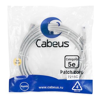  Патч-корд Cabeus (PC-UTP-RJ45-Cat.5e-5m) U/UTP, категория 5е, 2xRJ45/8p8c, неэкранированный, серый, PVC, 5м 