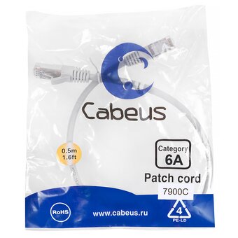  Патч-корд Cabeus (PC-SSTP-RJ45-Cat.6a-0.5m-LSZH) S/FTP, категория 6а (10G), 2xRJ45/8p8c, экранированный, серый, LSZH, 0.5м 