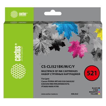  Картридж Cactus (CS-CLI521BK/M/C/Y) черный/голубой/желтый/пурпурный струйный набор (33.6мл) для Canon Pixma iP3600/iP4600/iP4700/MP540/MP550/MP560/M 
