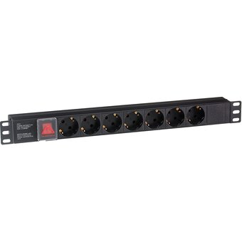  Блок розеток ExeGate ServerPro PDU-19H703 Al-7S-C20-SW (EX280838RUS) (19", 1U, Алюминий, 7 Schuko, С20, выкл. с подсветкой, черный, RTL) 