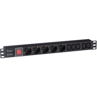  Блок розеток ExeGate ServerPro PDU-19H008 Al-5C135S-C14-SW (EX280866RUS) 19", 1U, Алюминий, 5 IEC 320 C13, 5 Schuko, С14, выкл. с подсветкой, черный 