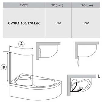  Шторка для ванны Ravak CVSK1 160/170 L Rosa 7QLS0C00Y1 блестящий + транспарент 