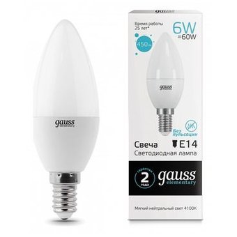  Лампочка Gauss 33126 Elementary Свеча 6W 