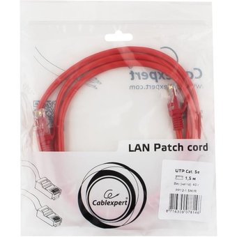  Патч-корд UTP Cablexpert PP12-1.5M/R кат.5e, 1.5м, литой, многожильный (красный) 