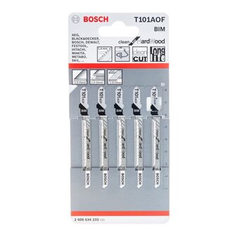  Пилки для лобзика BOSCH 2608634233 T101AOF по ламинату 57мм, криволинейный рез, BIM 5шт блистер 