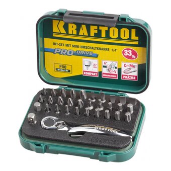  Набор бит Kraftool Expert 26157-H33 с мини трещоткой 1/4" 33 предмета 