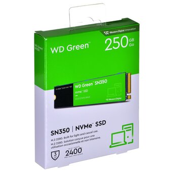  SSD WD SN350 WDS250G2G0C Green NVMe 250GB, M.2(22x80mm), PCIe 3.0 x4, 3D TLC, R/W 2400/900MB/s, IOPs 160 000/150 000, TBW 40 