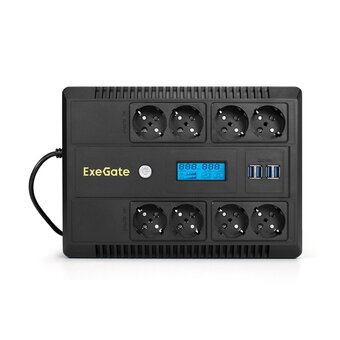  ИБП ExeGate Neo Smart LHB-650.LCD.AVR.8SH.CH.RJ.USB (EX295013RUS) 650VA/390W, LCD, AVR, 8*Schuko, RJ45/11, USB, 4*USB-порта для зарядки, Black 