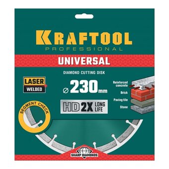  Диск алмазный сегментный по железобетону, высокопрочному бетону KRAFTOOL Universal (36680-230) 230 мм, 