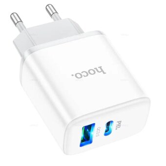  СЗУ Hoco C105A Stage dual port PD20W+QC3.0 charger+Type-C to lightning, white 